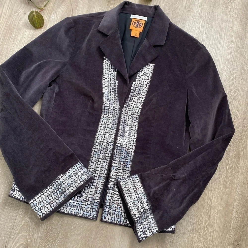 Tory Burch Grey Velvet Natasha Sequin Embellished Blazer EUC